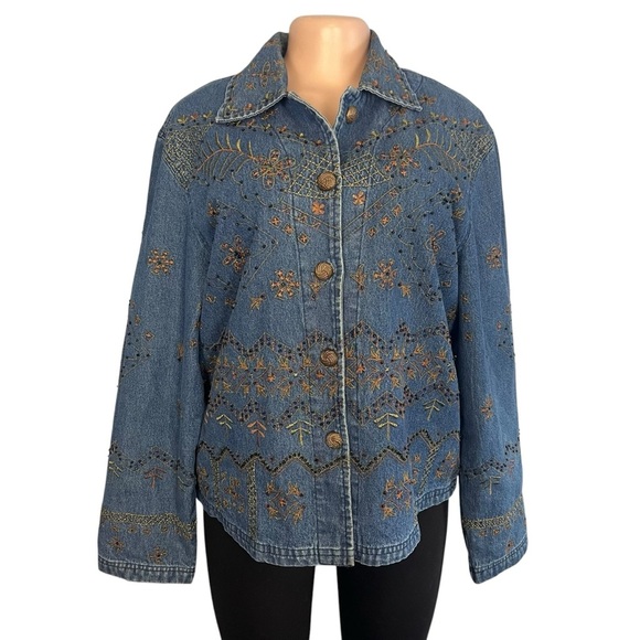 New Direction Vintage Denim Jacket Blue Embroidered Flowers Button Up - Picture 1 of 10